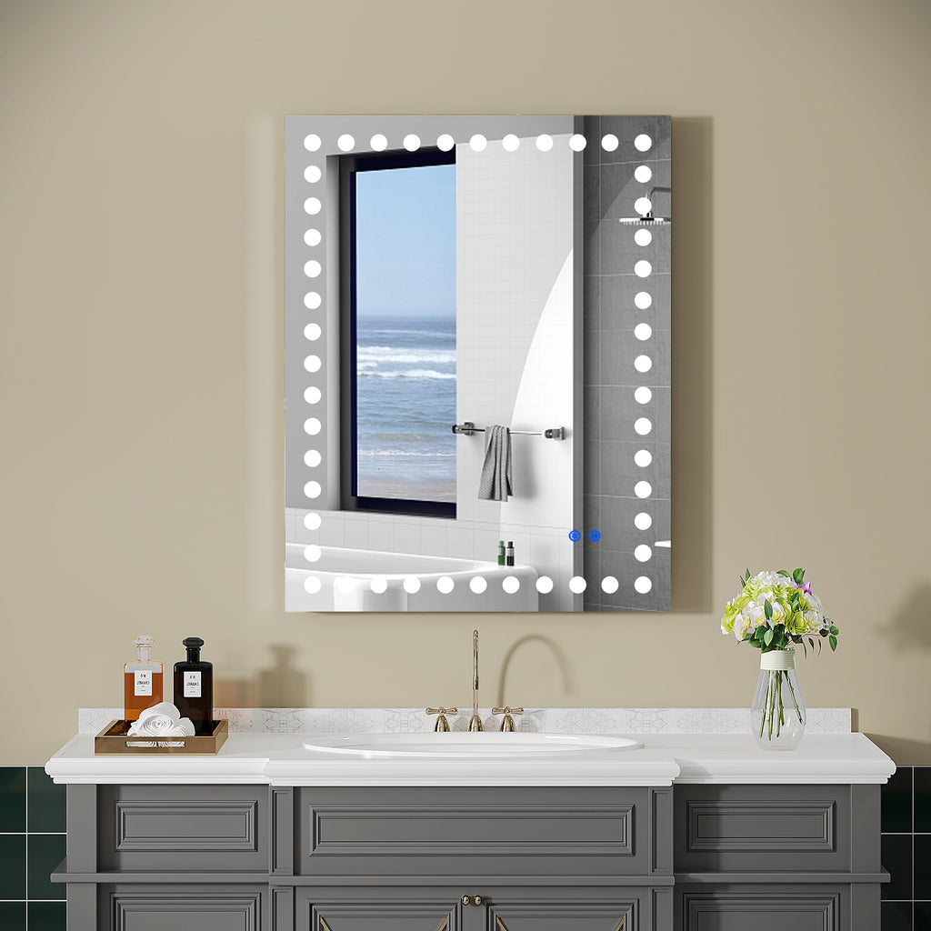 Leoglint 36×28 Inch Led-Lit Bathroom Mirror, Wall Mounted Anti-Fog Memory Rectangular Vanity Mirror With Tri-White Front Circular Light And Touch Sensor Dimmer Switch