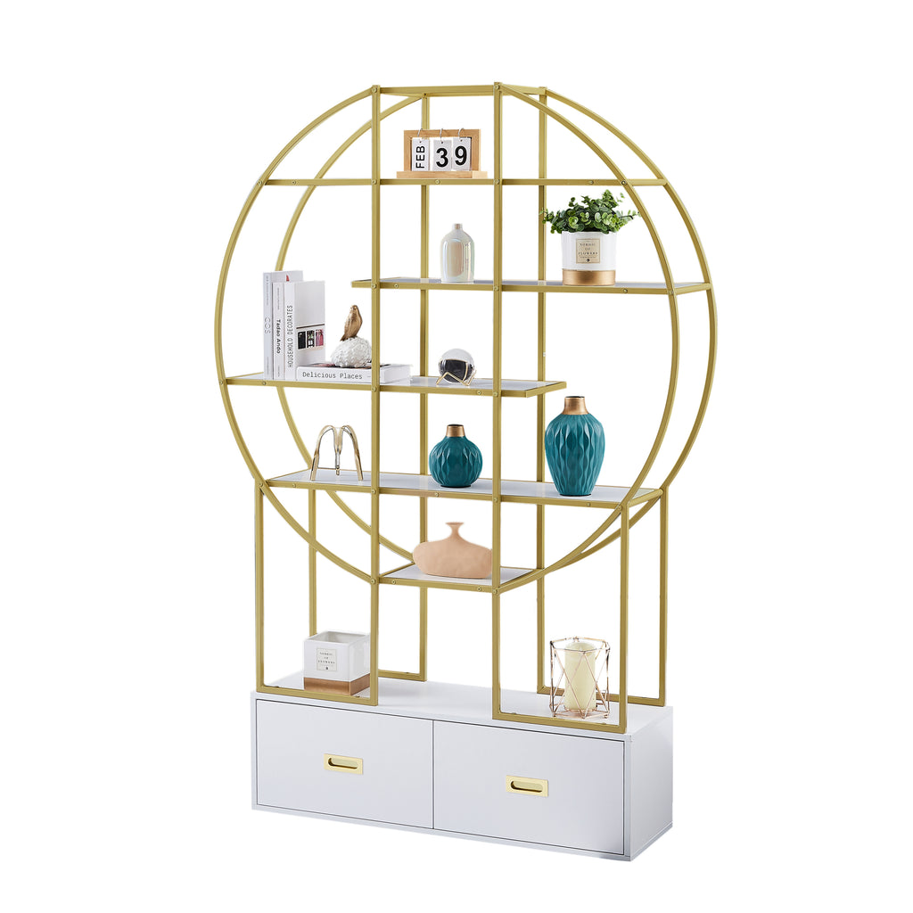 Leoglint 70.8 Inch Round Office Bookcase Bookshelf, Display Shelf, Two Drawers, Gold Frame