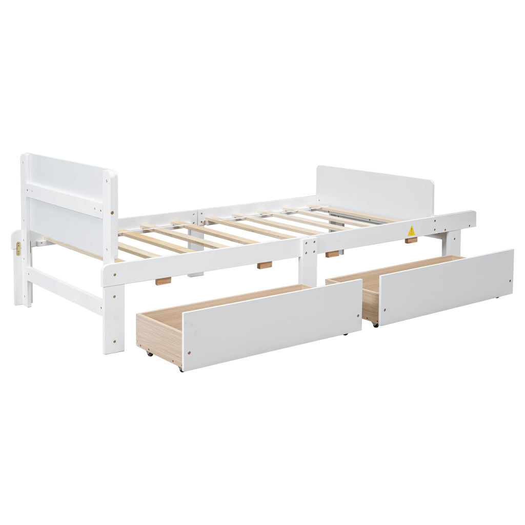 Twin Bed Frame with Footboard Bench,2 drawers,White