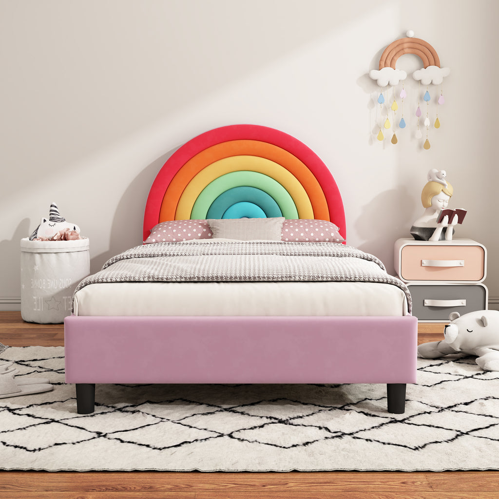 Rainbow Design Upholstered Twin Platform Bed Frame Cute Style Princess Bed for Boys & Girls, Teens, Colorful & Pink