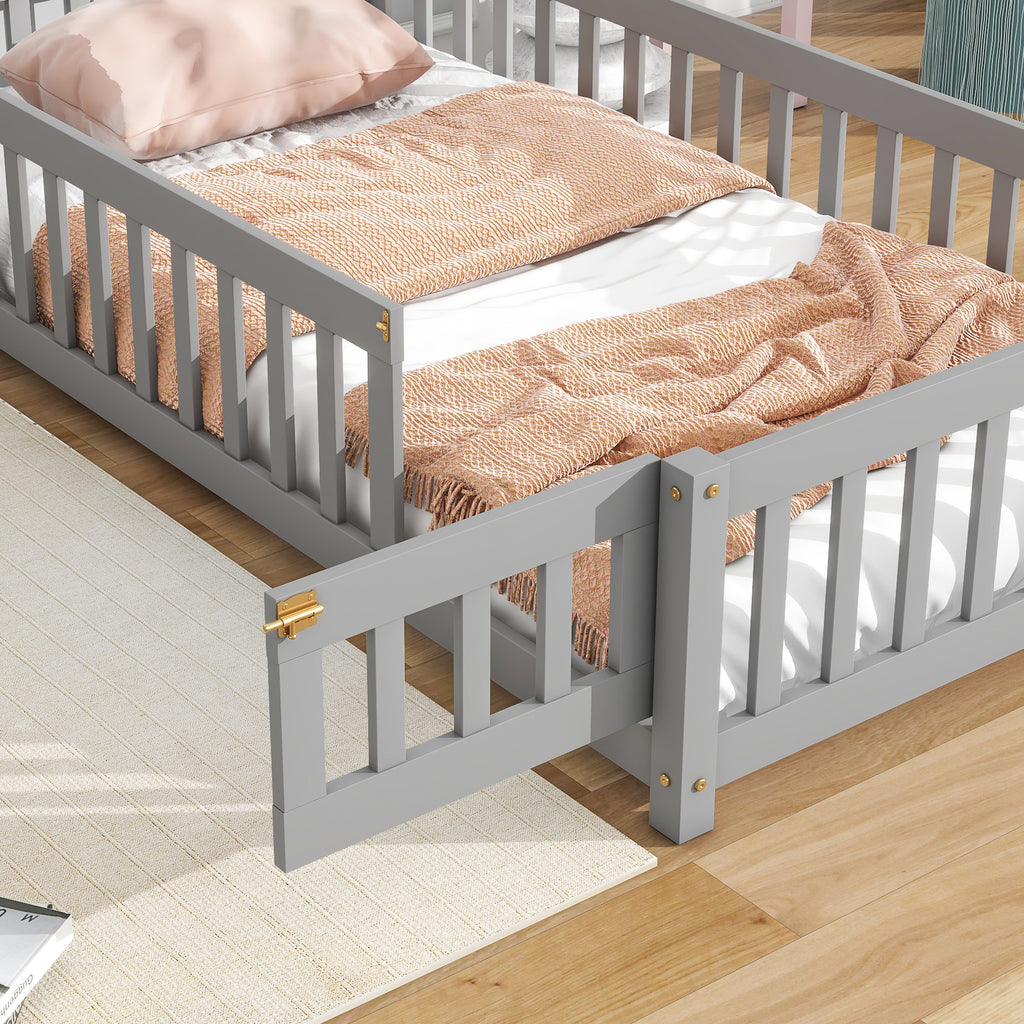 Twin House-Shaped Headboard Floor Bed Frame with Fence,Grey