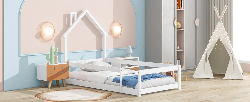 Leoglint Twin Size Wood bed frame with House-shaped Headboard Floor bed with Fences,White