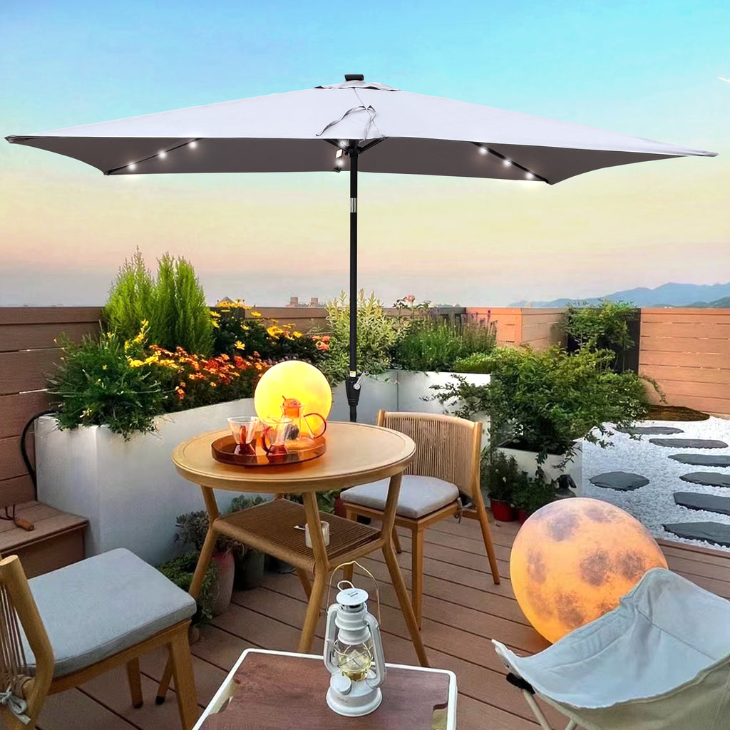 Leoglint 10 x 6.5t Rectangular Patio Solar LED Lighted Outdoor Umbrellas with Crank and Push Button Tilt for Garden Backyard Pool Swimming Pool