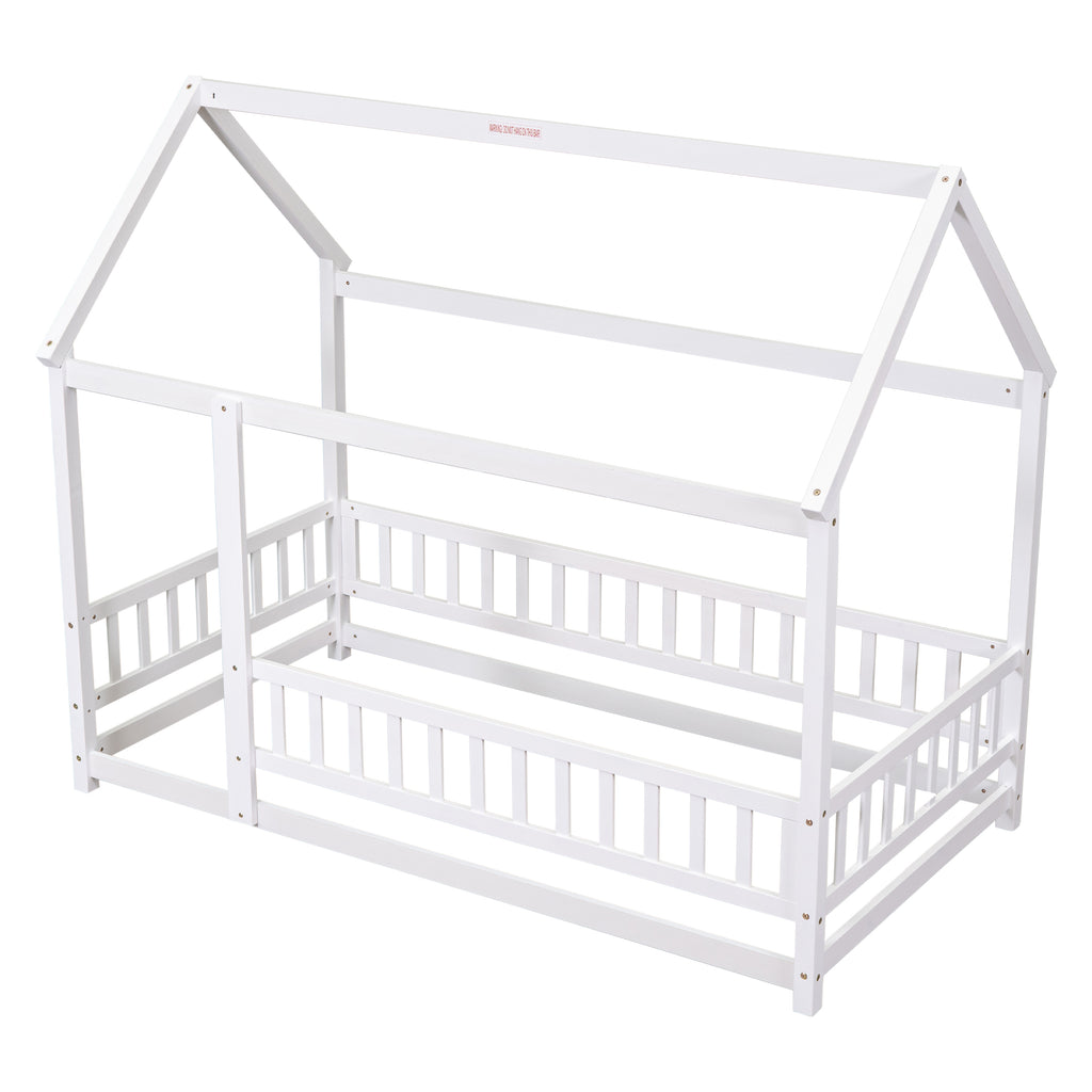 Leoglint Twin Size Floor Wooden Bed Frame with House Roof Frame, Fence Guardrails,White(Old SKU:W1791106615)