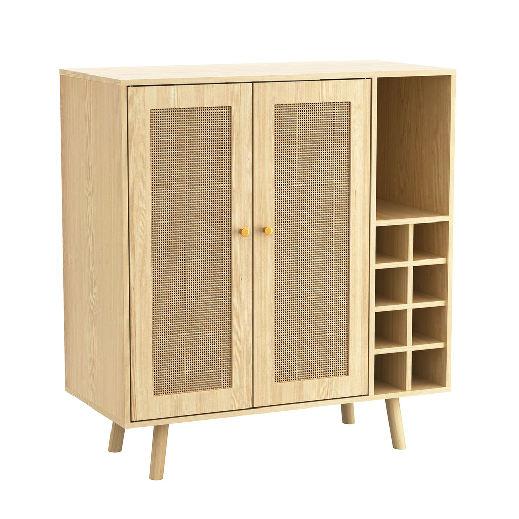 Leoglint Sideboard Bohemian Bar Cabinet, Natural Rattan Doors, Removable Wine Rack in Natural Wood