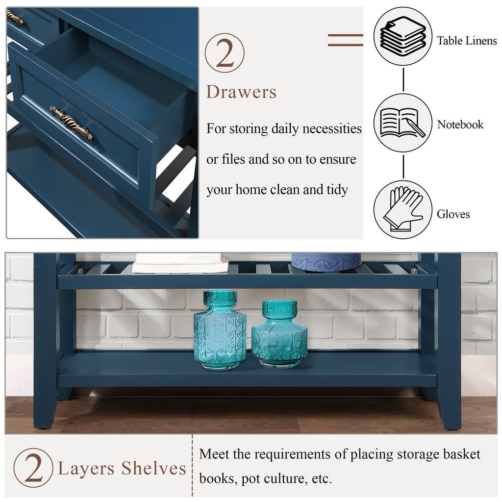 Leoglint Console Sofa Table with 2 Storage Drawers and 2 Tiers Shelves, Mid-Century Style 42'' Solid Wood Buffet Sideboard for Living Room Furniture Kitchen Dining Room Entryway Hallway,Navy Blue