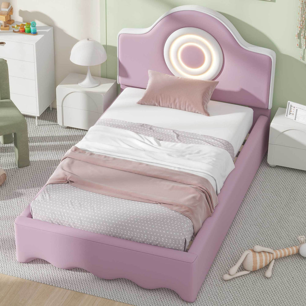 Leoglint Twin Size Upholstered Platform Bed Frame with LED Headboard, Pink