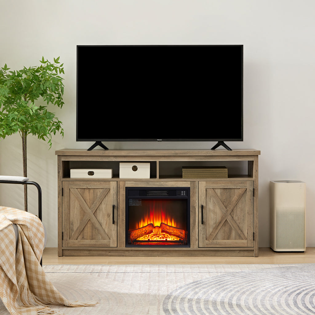 Leoglint Farmhouse TV Stand, Large Barn Inspired Home Entertainment Console, with 18" Fireplace Insert, for TV Up to 65'', with Open Shelves and Closed Cabinets, Gray Wash 57.87*15.75*30.31