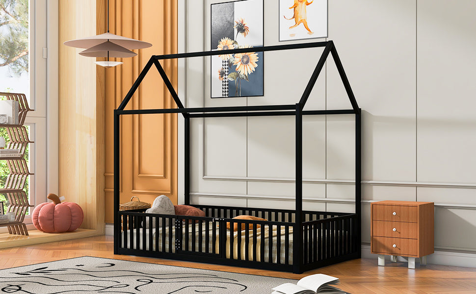 Leoglint Twin Size Metal House Bed Frame with Fence and Door, Black