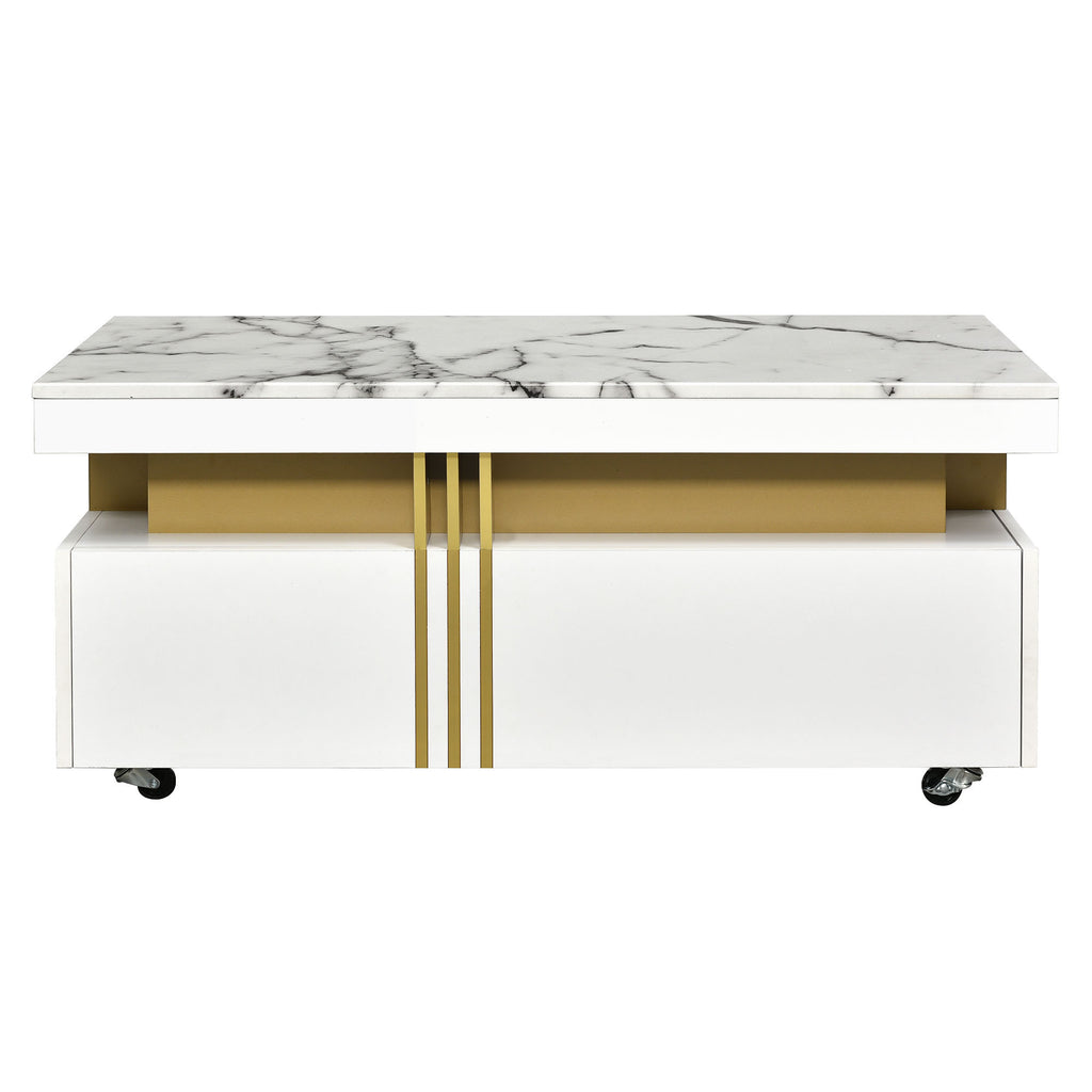 Leoglint [VIDEO provided] ON-TREND Contemporary Coffee Table with Faux Marble Top, Rectangle Cocktail Table with Caster Wheels, Moderate Luxury Center Table with Gold Metal Bars for Living Room, White