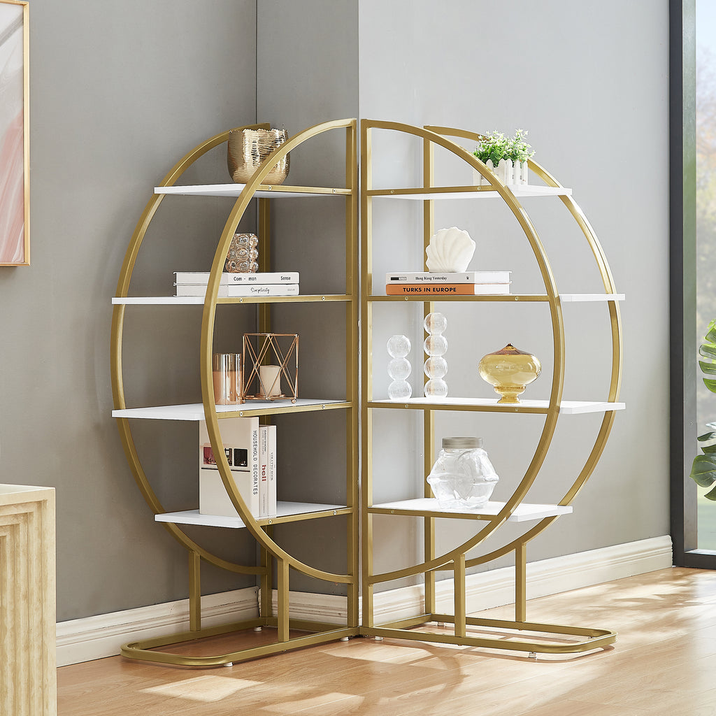 Leoglint 4 Tiers Home Office Open Bookshelf, Round Shape, Different Placement Ways, MDF Board, Gold Metal Frame, White