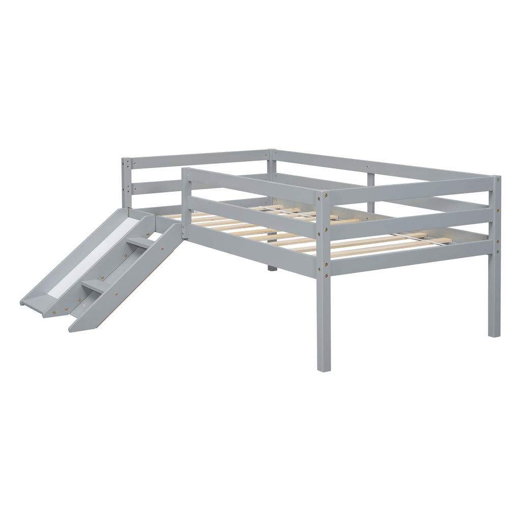 Twin Low Loft Bed Frame with Slide,  Ladder, Safety Guardrails, No Box Spring Needed,Grey