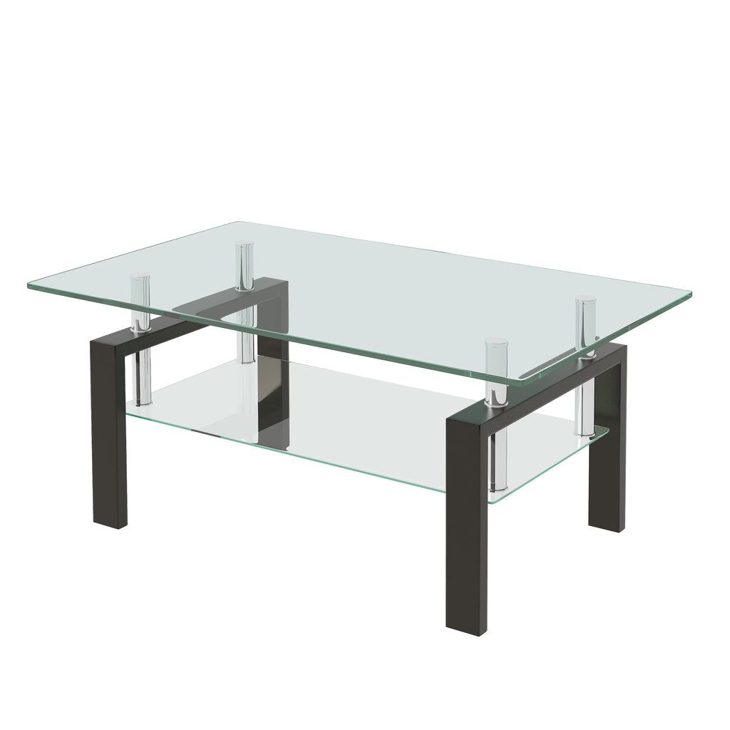 Leoglint Tempered Clear Glass Coffee Table, 2-Layers Coffee Table Living Room Center Table