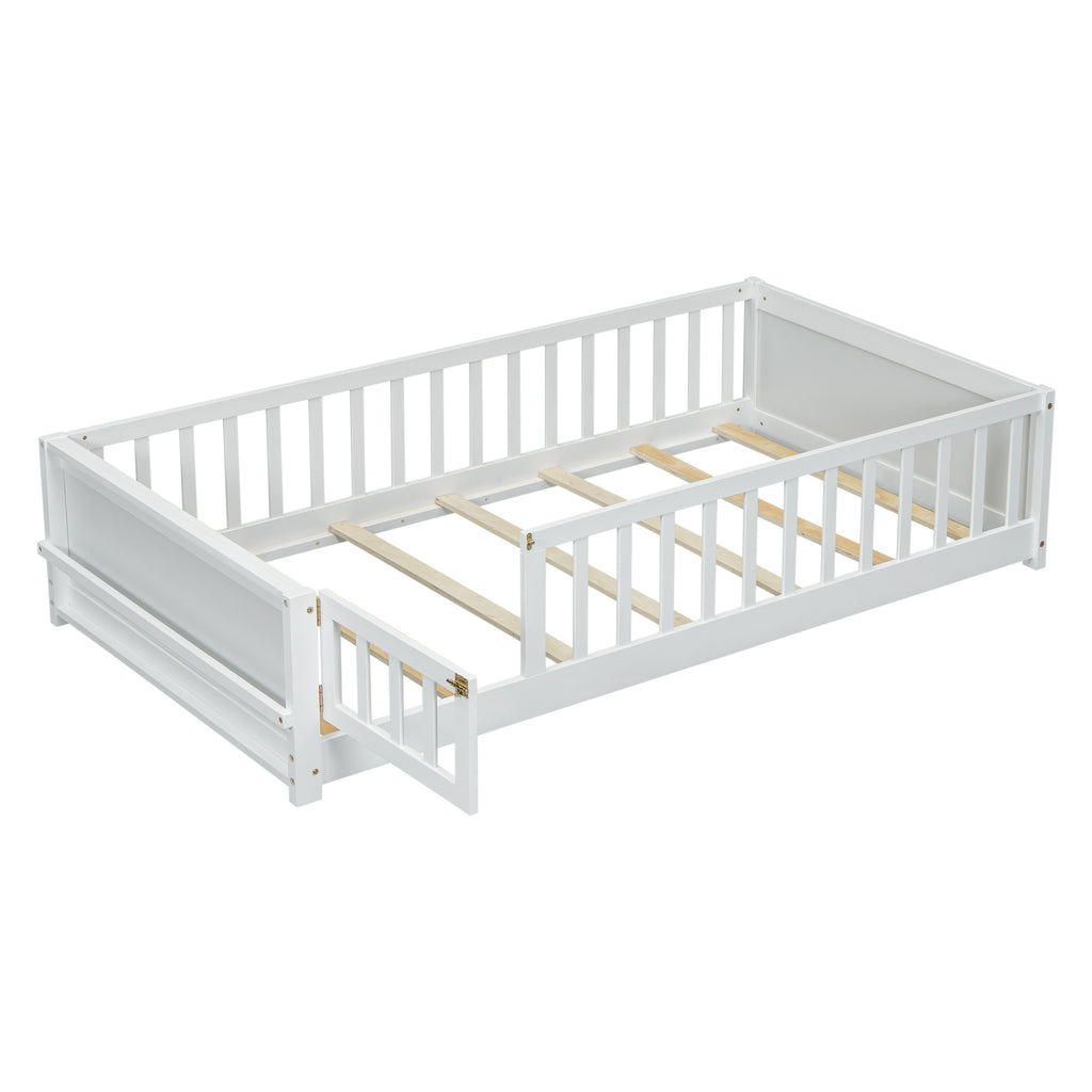 Leoglint Twin size Floor Platform Bed Frame with Built-in Book Storage Rack, Door,White