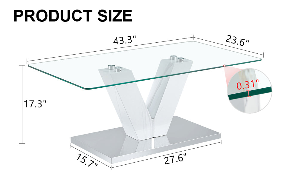 Leoglint Modern minimalist coffee table. Transparent tempered glass tabletop with silver MDF pillars. Suitable for living room and dining room