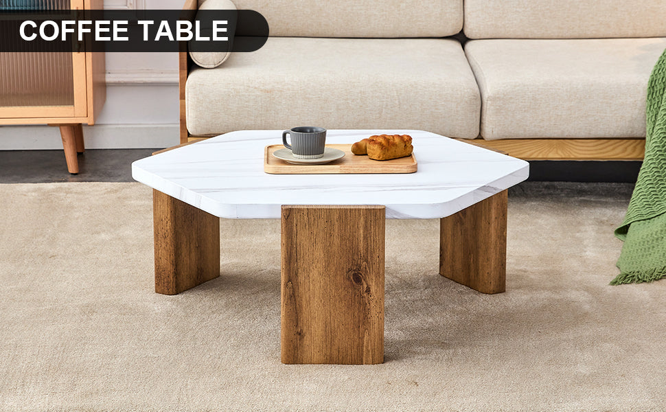 Leoglint Modern practical MDF coffee table with white tabletop and wooden toned legs. Suitable for living rooms and guest rooms.