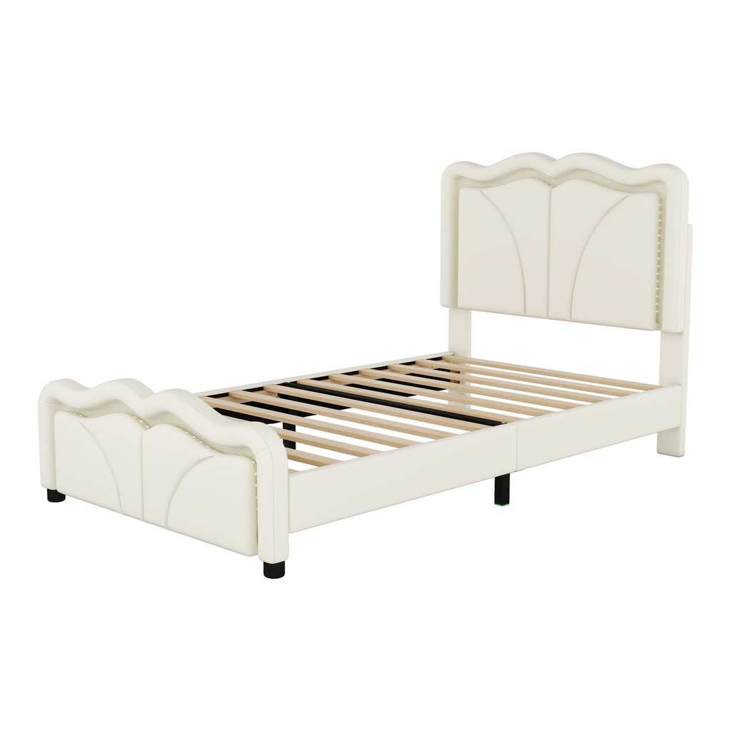 Leoglint Twin Size Upholstered Platform Bed Frame with Curve Shaped and Height-adjustbale Headboard,LED Light Strips,White