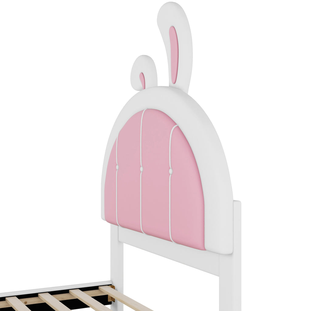 Leoglint Twin Size Upholstered Platform Bed Frame with Rabbit Shaped Headboard, White