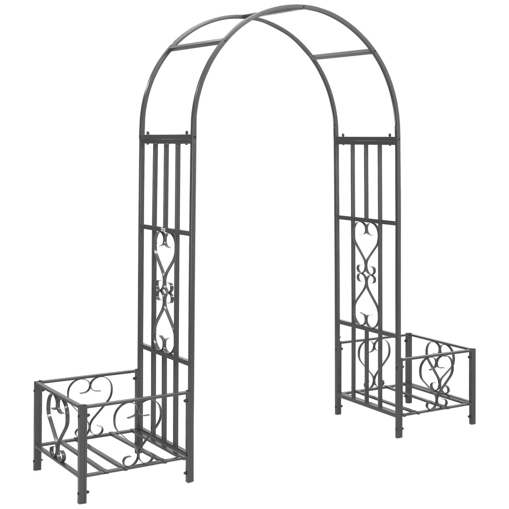 Leoglint 6.7' Steel Garden Trellis Arbor with Scrollwork Hearts, Planter Boxes for Climbing Vines, Ceremony, Weddings, Party, Backyard, Lawn, Dark Gray