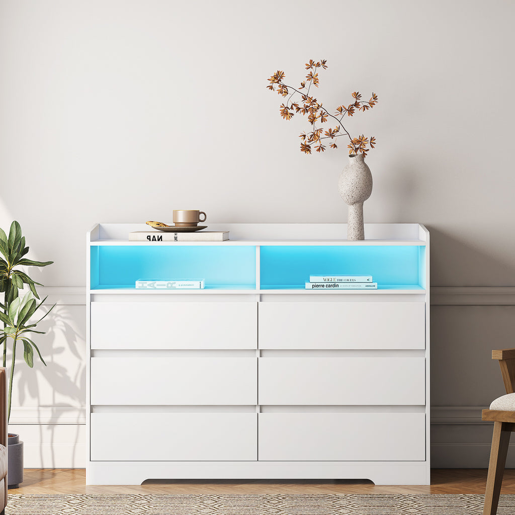 Leoglint 6 Drawer Chest Drawer Dresser, White Dresser for Bedroom with LED Lights, Modern Dressers & Chests of Drawers with Sturdy Frame for Living Room, Entryway, Hallway