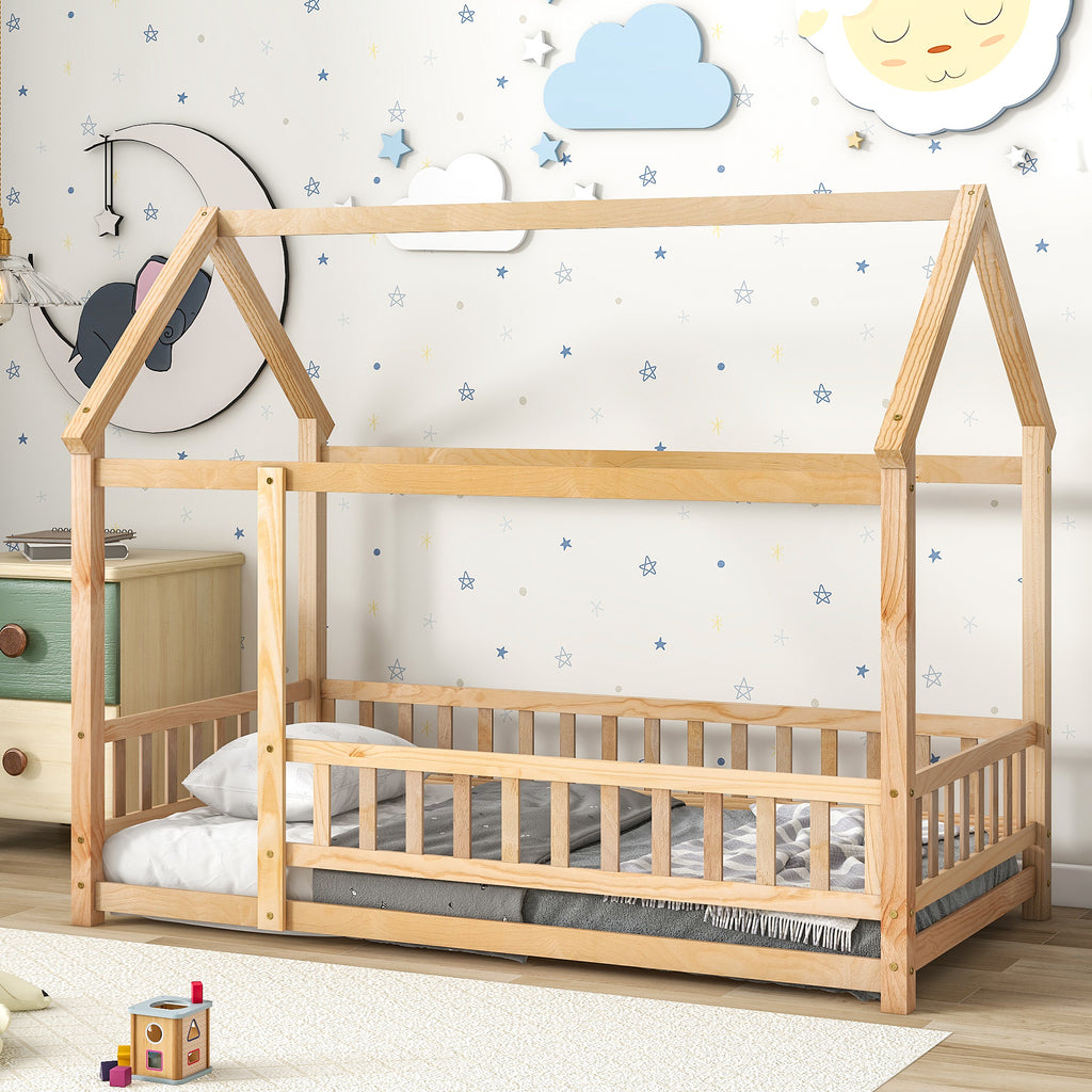 Leoglint Twin Size Floor Wooden Bed Frame with House Roof Frame, Fence Guardrails,Natural(Old SKU:W1791106616)