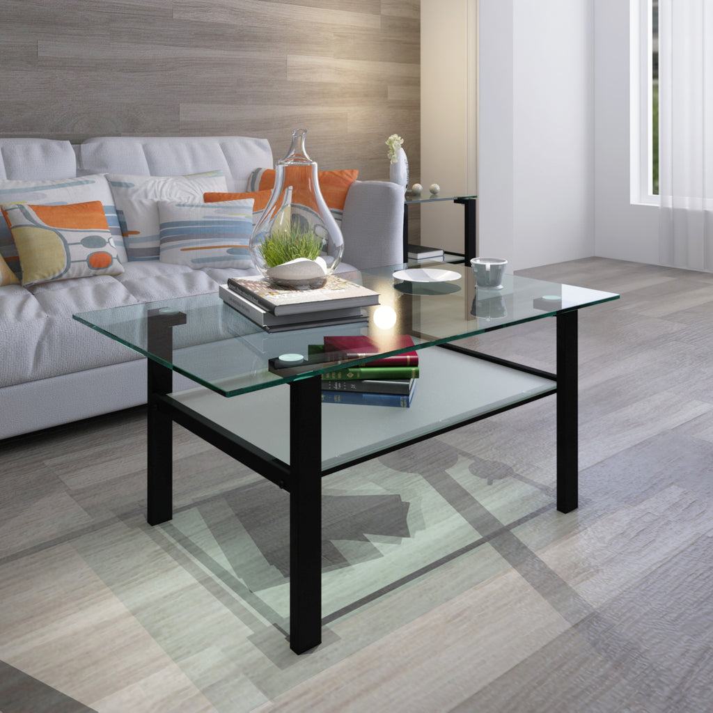 Leoglint Transparent glass black coffee table, modern simple, living room coffee table, side center table