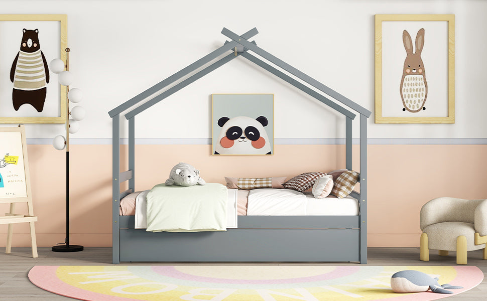 Leoglint Twin Size  House-shaped Bed Frame with Trundle,Grey