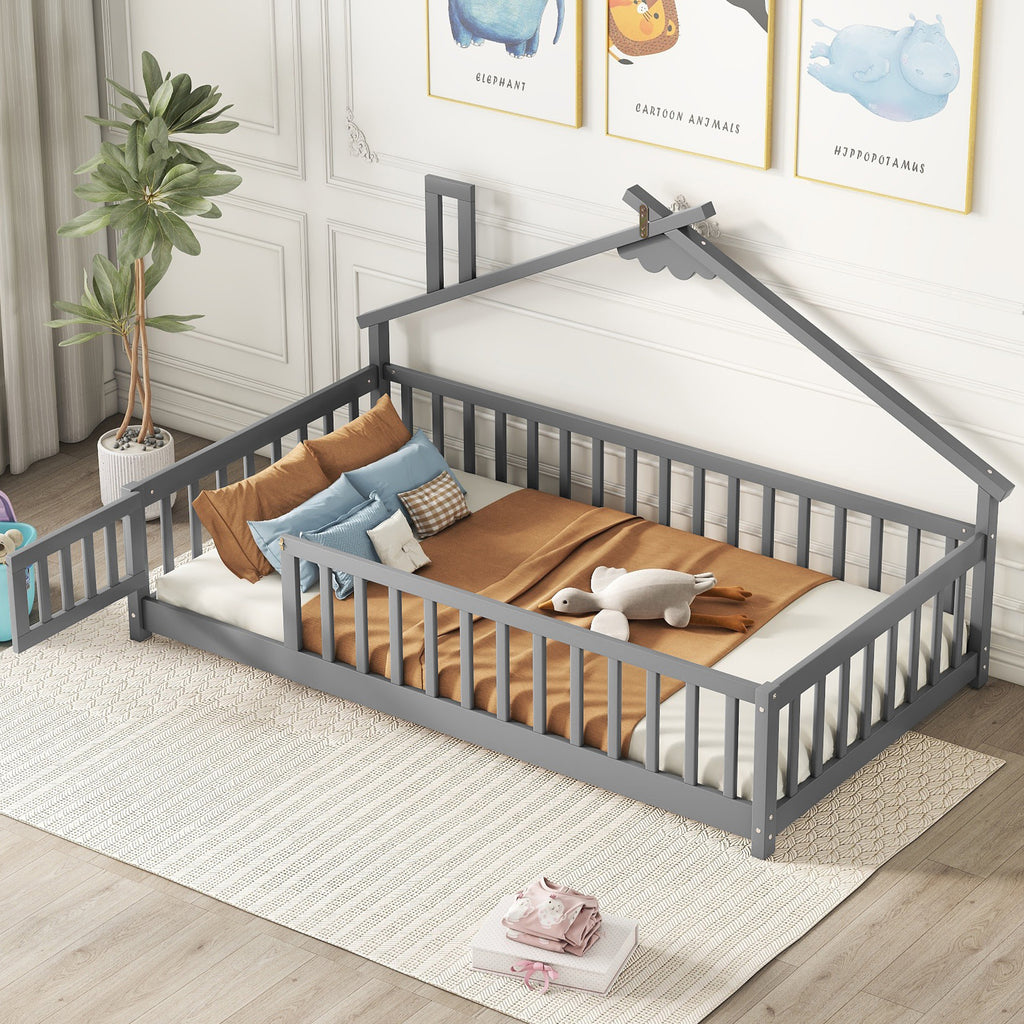 Twin House-Shaped Bedside Floor Bed Frame with Guardrails, Slats, with Door,Grey