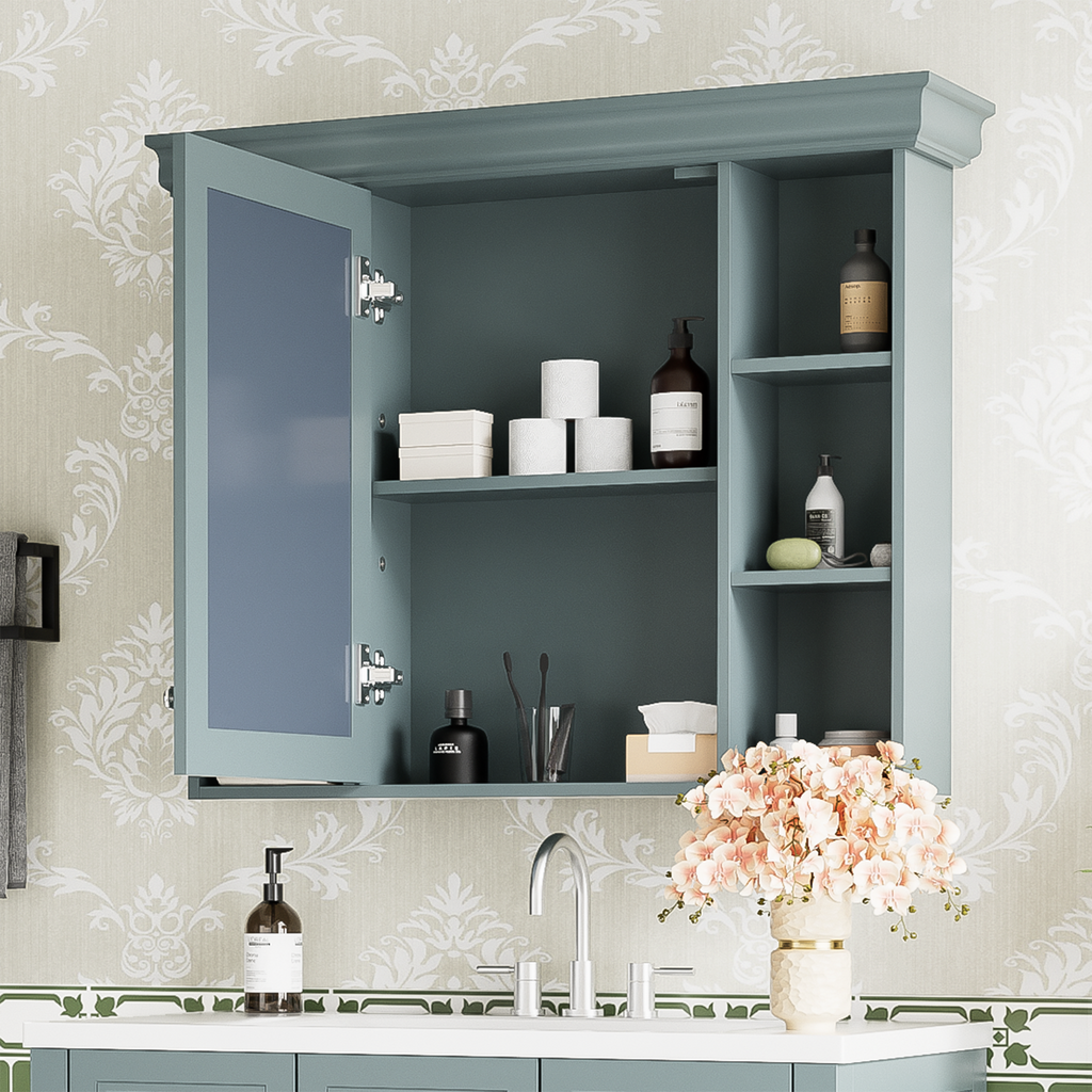 Leoglint 35'' x 28'' Blue Wall Mounted Bathroom Storage Cabinet with Mirror Door, Modern Bathroom Wall Cabinet with Mirror, Medicine Cabinet with 6 Open Shelves