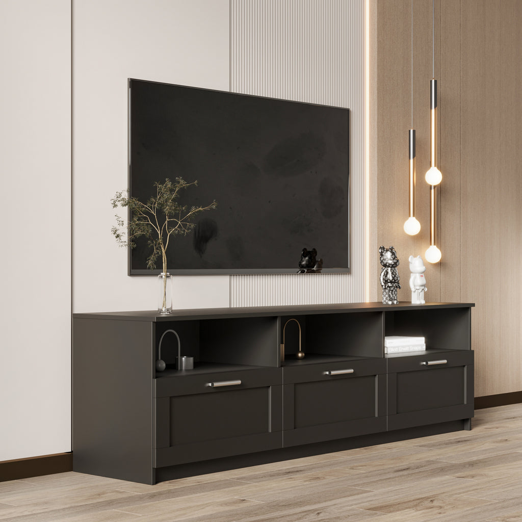 Leoglint Black modern minimalist TV cabinet 80 inch TV stand, open locker Living Room Bedroom