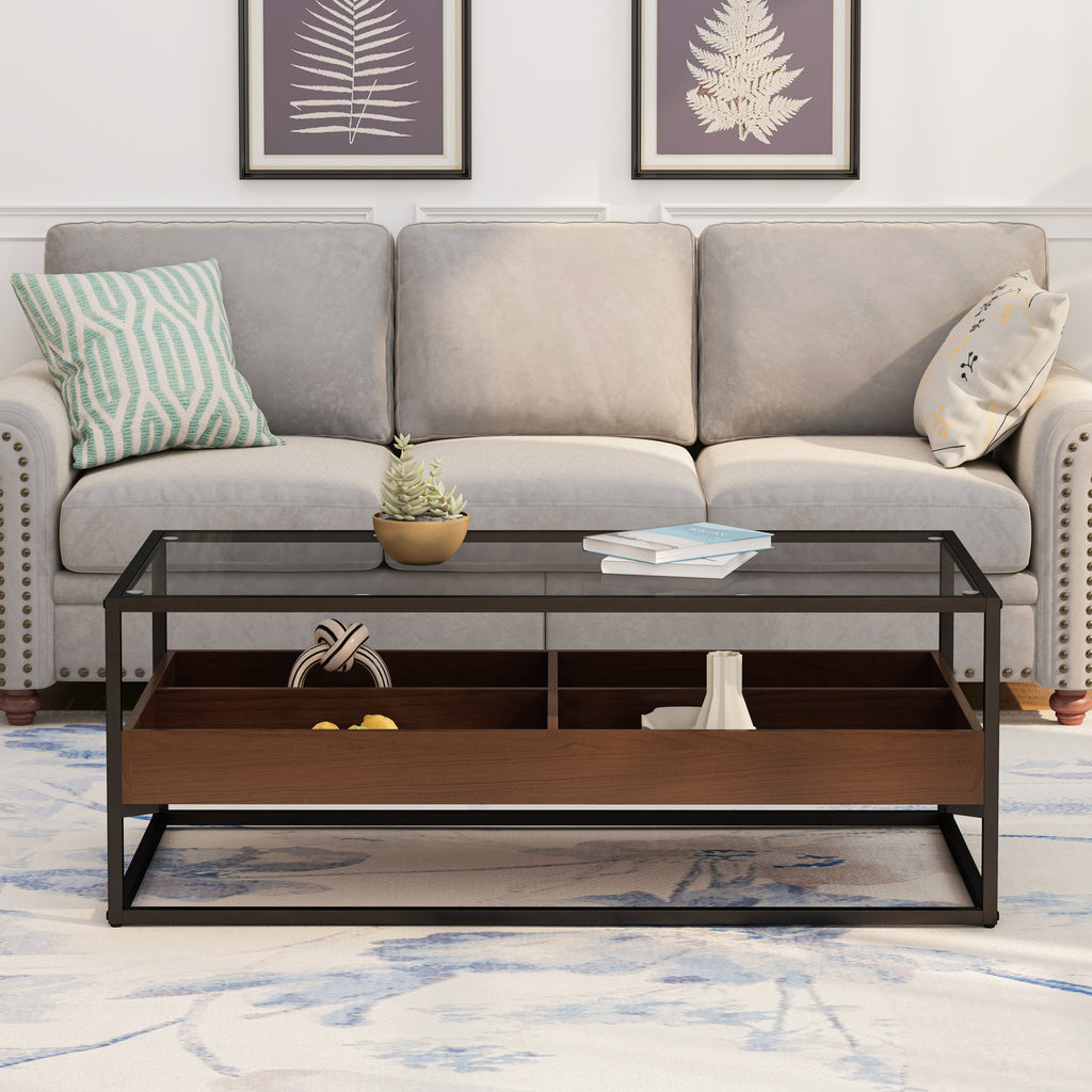 Leoglint 47.24"Rectangle Glass Coffee Table with storage shelf and metal table legs , Home Furniture for Living Room