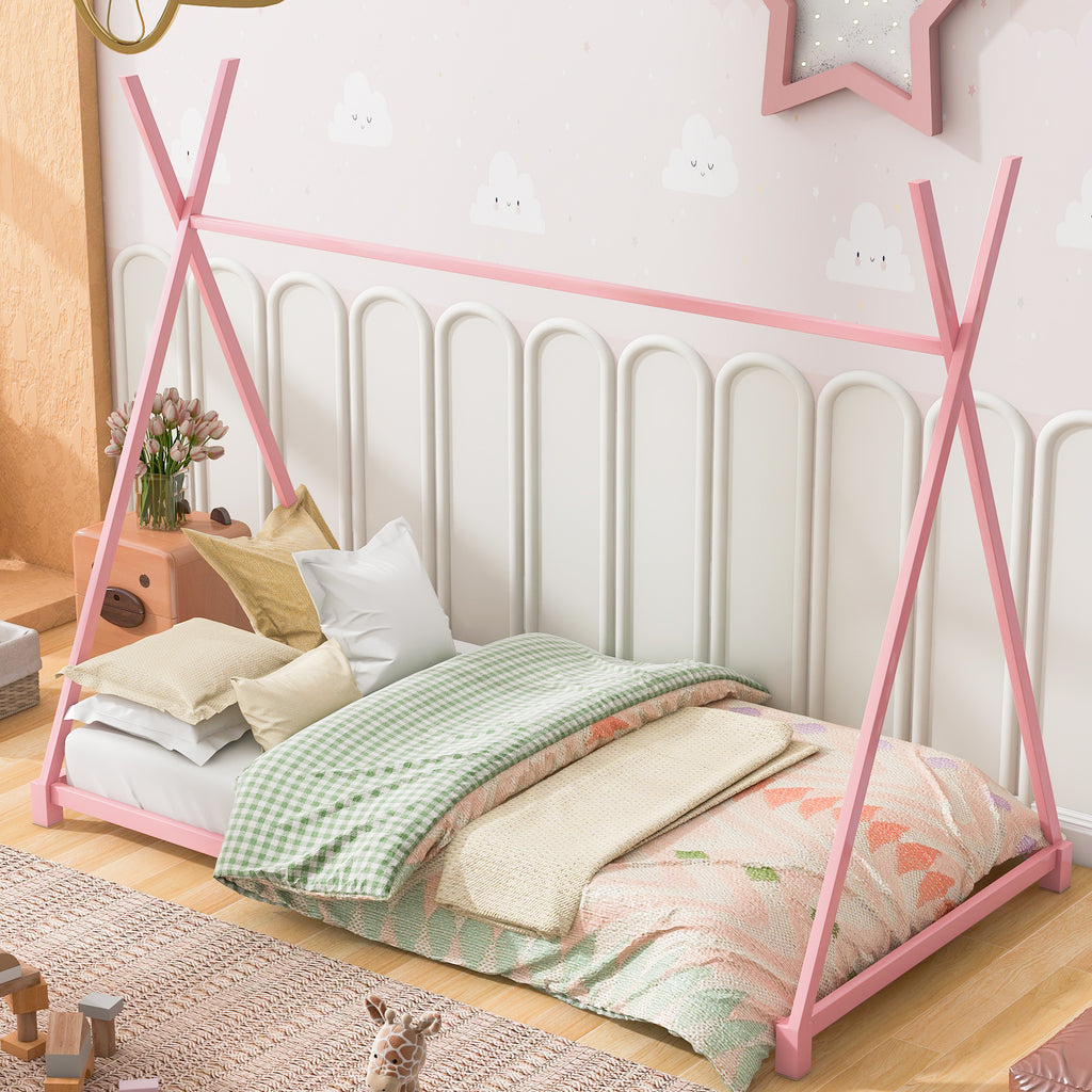 Metal Twin Size House Platform Bed Frame with Triangle Structure, Pink