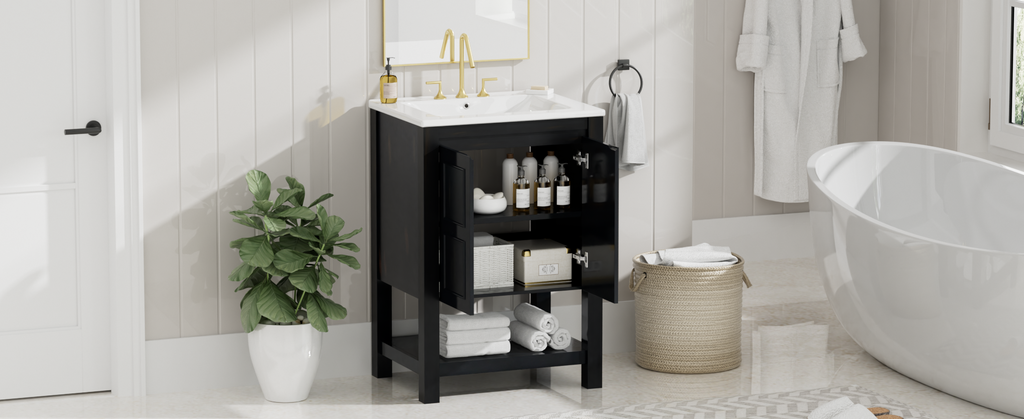 Leoglint 24x18.3x34.7 Inches Compact Vintage Style Bathroom Vanity Cabinet and Ceramic Sink Combo with Open Shelf-2 Soft-close Doors