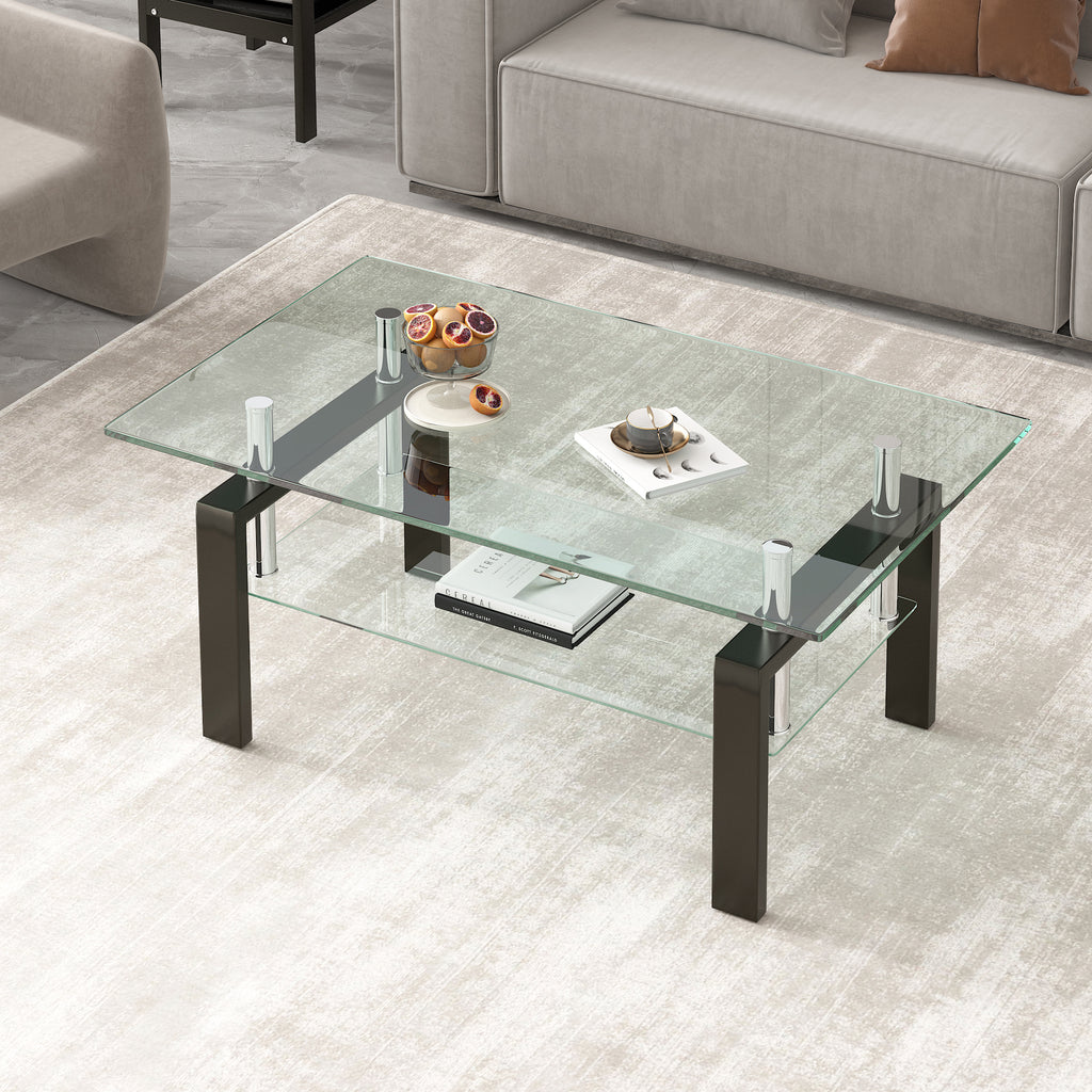 Leoglint Tempered Clear Glass Coffee Table, 2-Layers Coffee Table Living Room Center Table