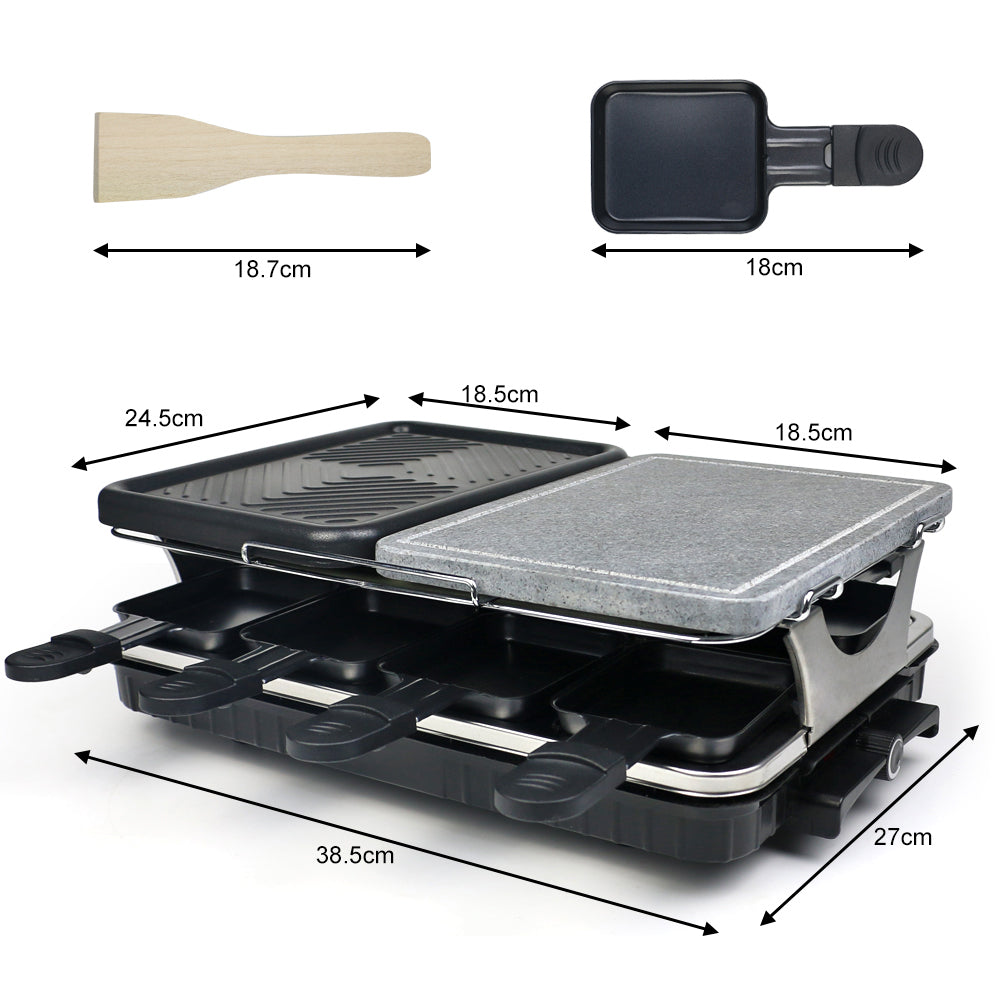 Leoglint Dual Raclette Table Grill w Non-Stick Grilling Plate & Cooking Stone- 8 Person Electric Tabletop Cooker for Korean BBQ- Melt Cheese, Cook Meat & Veggies at Once