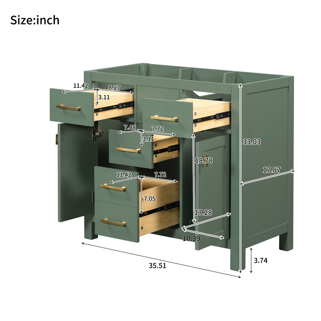 Leoglint 36'' Bathroom Vanity without sink, Modern Freestanding Single Bathroom Cabinet with 4 Drawers & 2 Cabinets,Storage Cabinet for Bathroom, Solid Wood Frame Vanity Only, Green (NOT INCLUDE SINK)