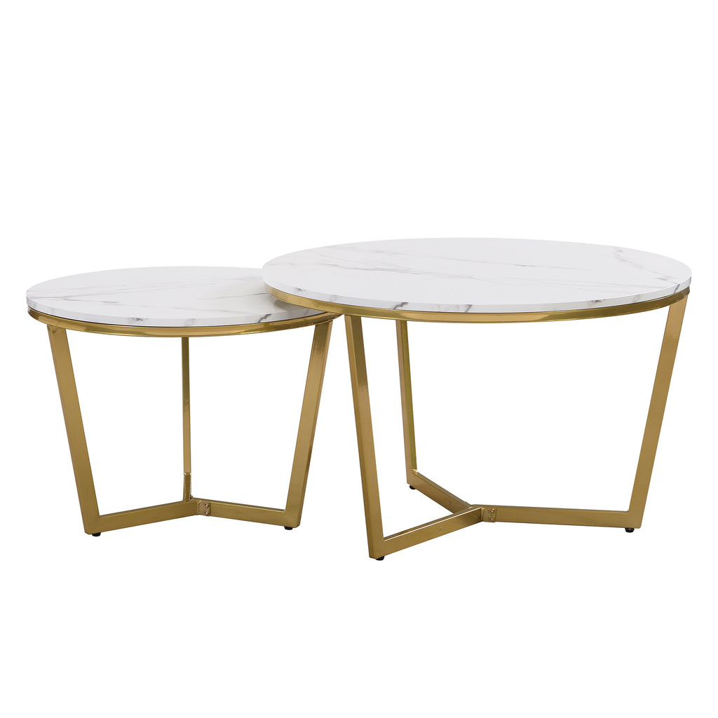 Leoglint Modern Round Nesting Coffee Table Set 2-Piece White & Marbling Top Gold Base