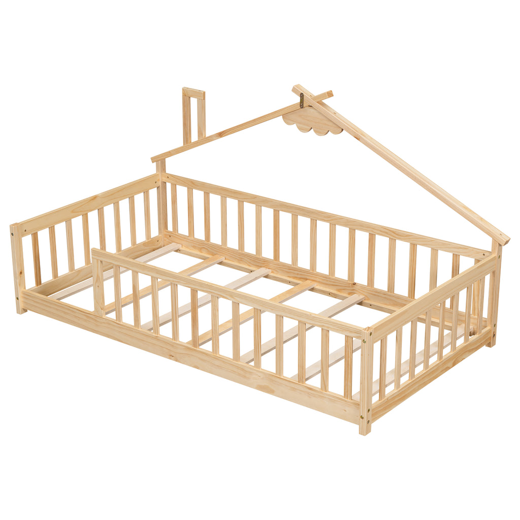 Twin House-Shaped Bedside Floor Bed Frame with Guardrails, Slats, without Door ,Natural