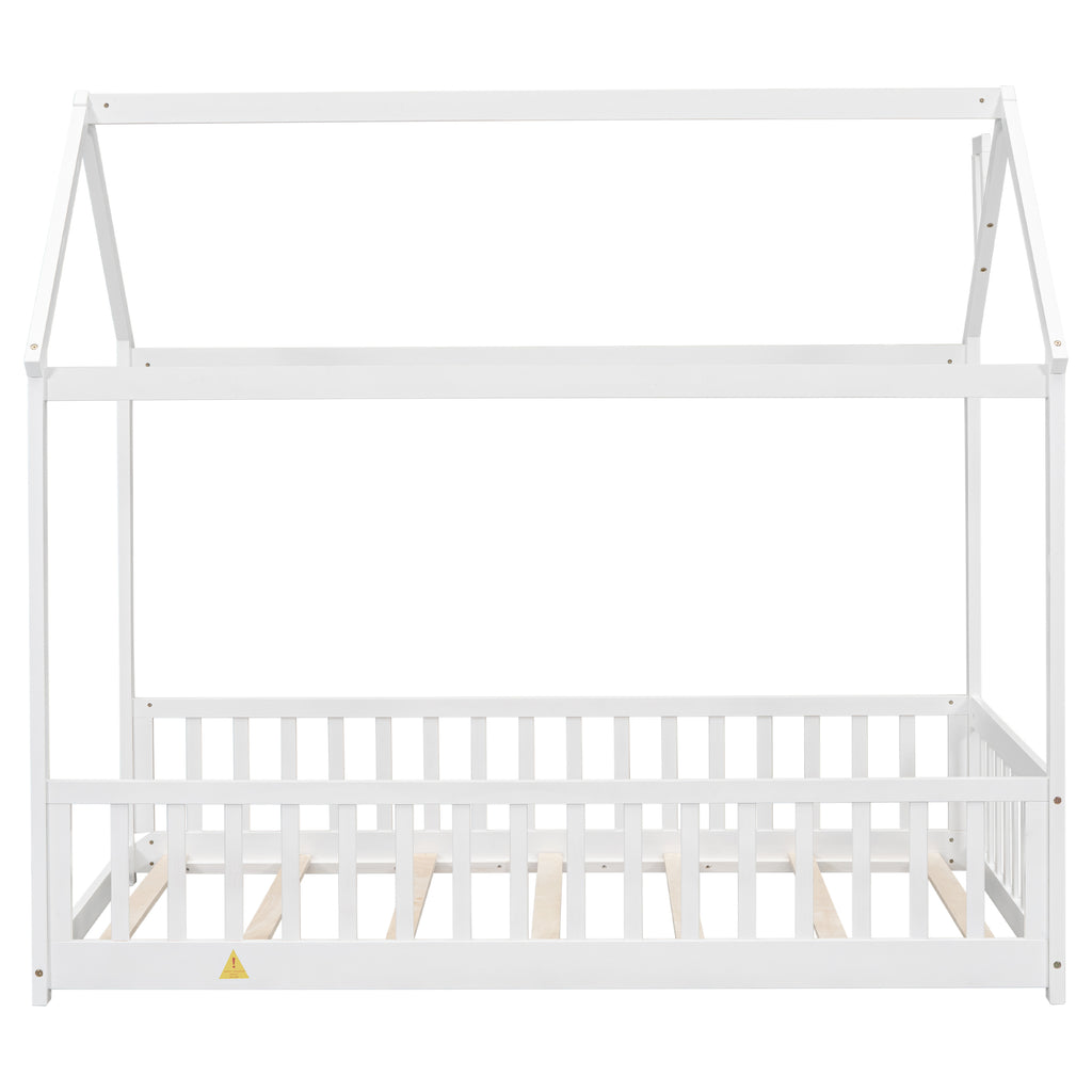 Twin House Bed Frame with Guardrails, Slats ,White