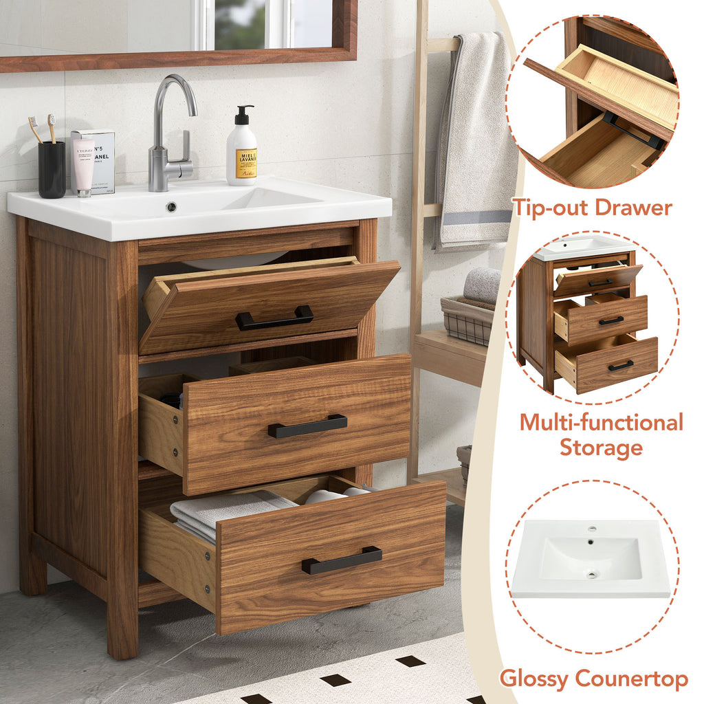 Leoglint 24'' Bathroom Vanity with Ceramic Basin Sink, Modern Bathroom Storage Cabinet with 3 Drawers, Freestanding Bathroom Vanity Cabinet with Single Sink