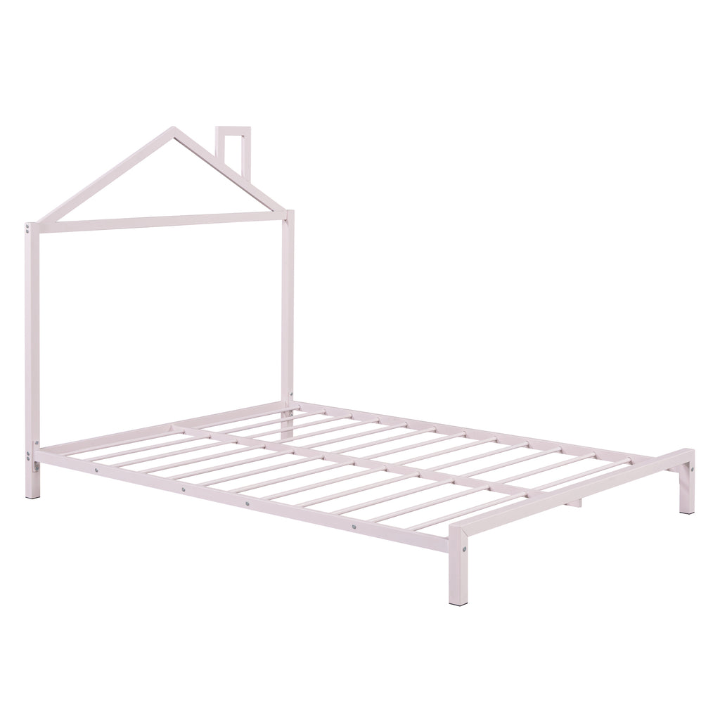 Leoglint Bed Frame Full Size Metal Platform Bed with House-Shaped Headboard Design, Pink