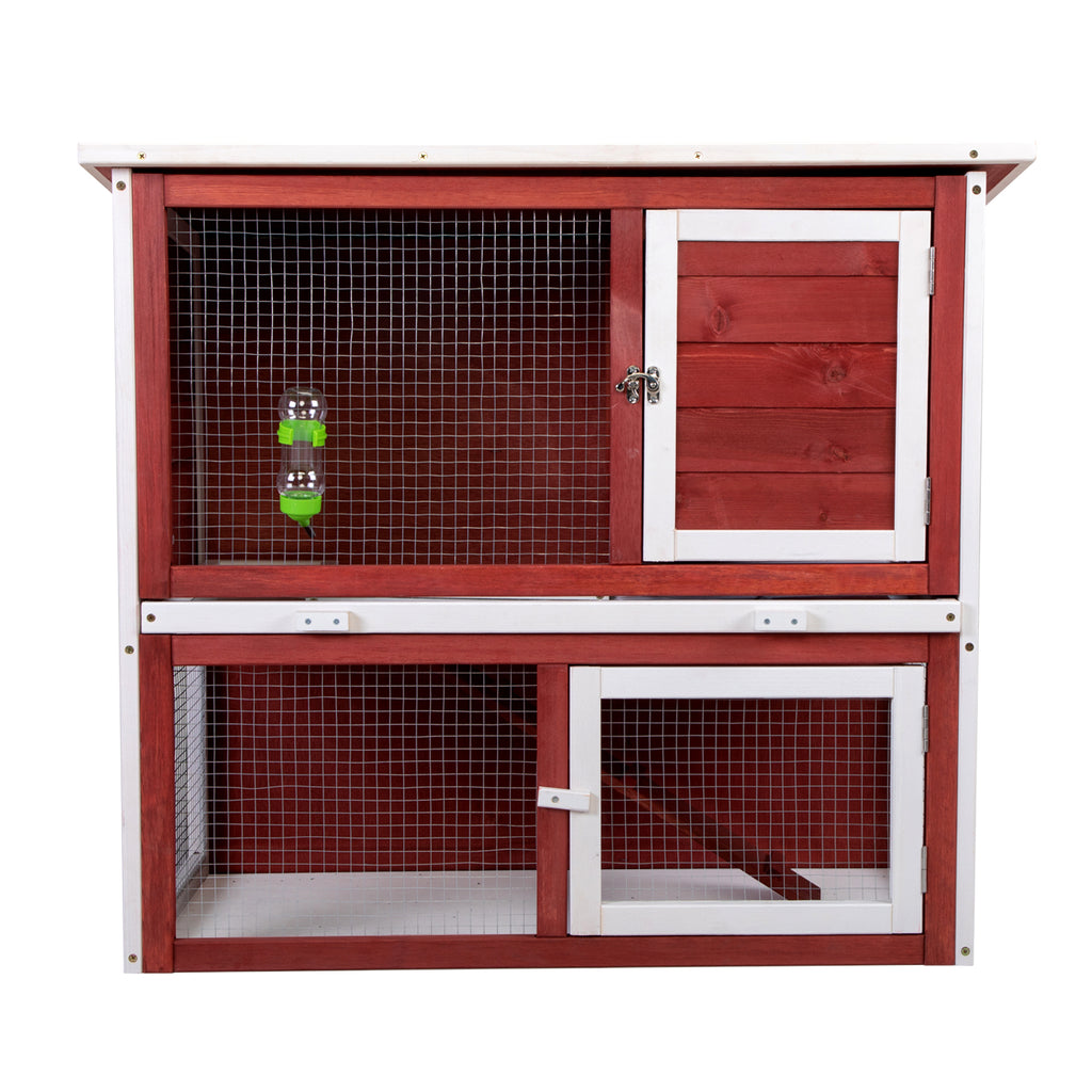 Leoglint Wood Rabbit Hutch, Pet Playpen with 2 Stories, Ramp, Doors, Pull-out Tray, Water Bottle, Outdoor Enclosure for Small Animals Bunnies, Red and White