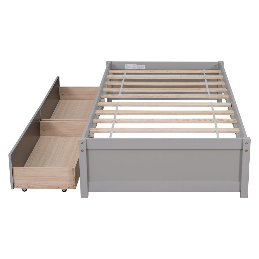 Twin Bed Frame with 2 Drawers, Solid Wood, No Box Spring Needed ,Grey(New SKU:W504P149041)