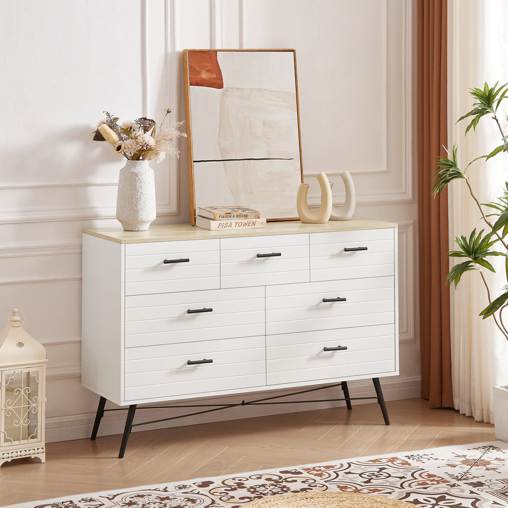 Leoglint 7 Drawer Chest Drawer Dresser for Bedroom with Deep Drawers, Wood Dressers & Chest of Drawers, Modern White Long Dressers for Closet Living Room, 47.2"W x 15.7"D x 31.5"H, White & oak