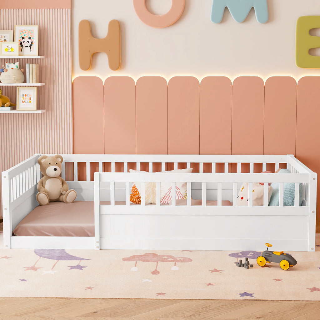 Twin Floor Bed Frame with Fence, Wood Kids Floor Beds Frame for Bedroom Playroom,White(Expect arrive date Jun. 21st)