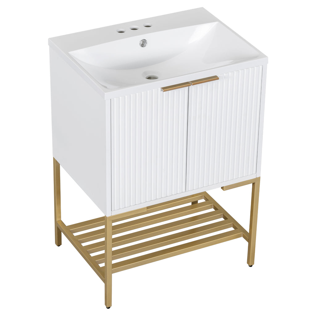 Leoglint 24" Bathroom Vanity with Sink, Bathroom Vanity Cabinet with Two Doors and Gold Metal Frame, Open Storage Shelf, White