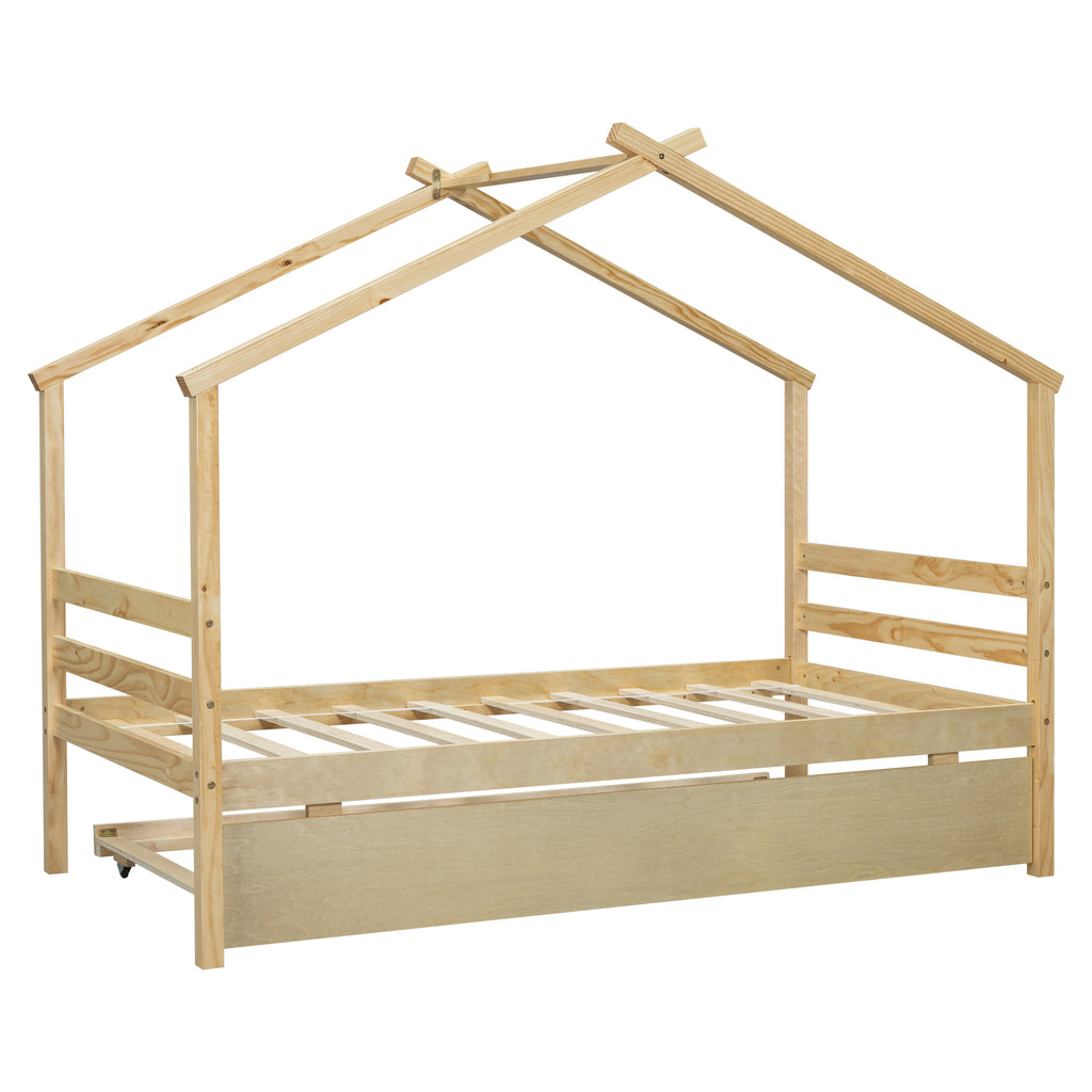 Leoglint Twin Size  House-shaped Bed Frame with Trundle,Natural