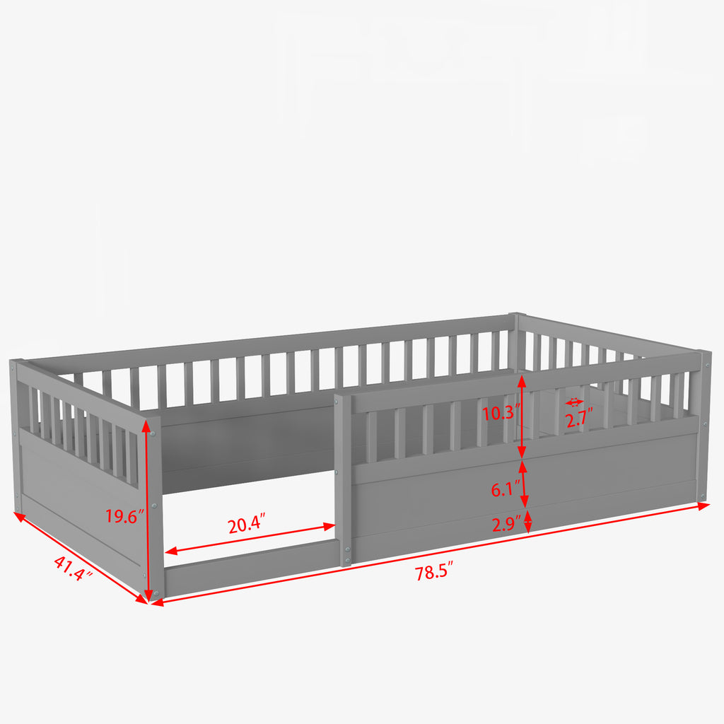 Twin Floor Bed Frame with Fence, Wood Kids Floor Beds Frame for Bedroom Playroom,Gray(Expect arrive date Jun. 21st)