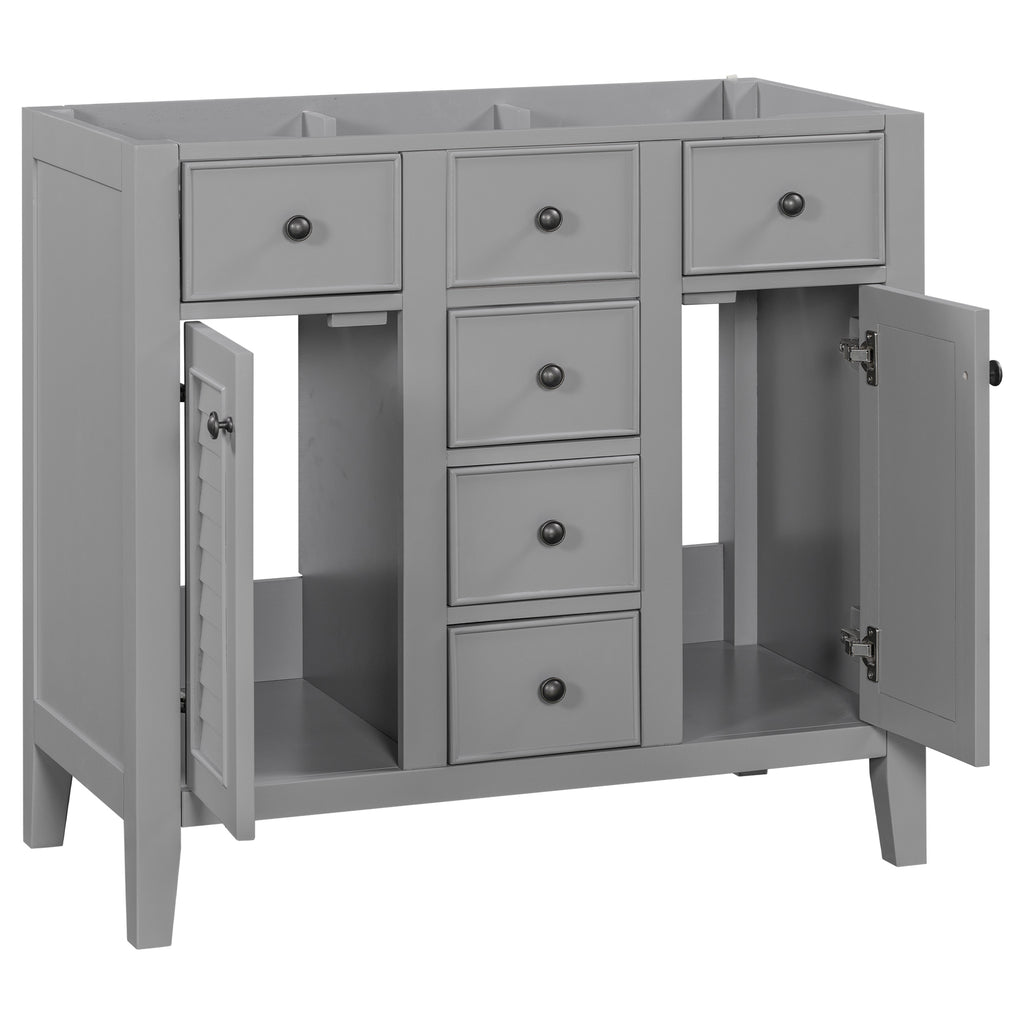 Leoglint 36" Bathroom Vanity without Sink, Cabinet Base Only, Two Cabinets and Five Drawers, Solid Wood Frame, Grey