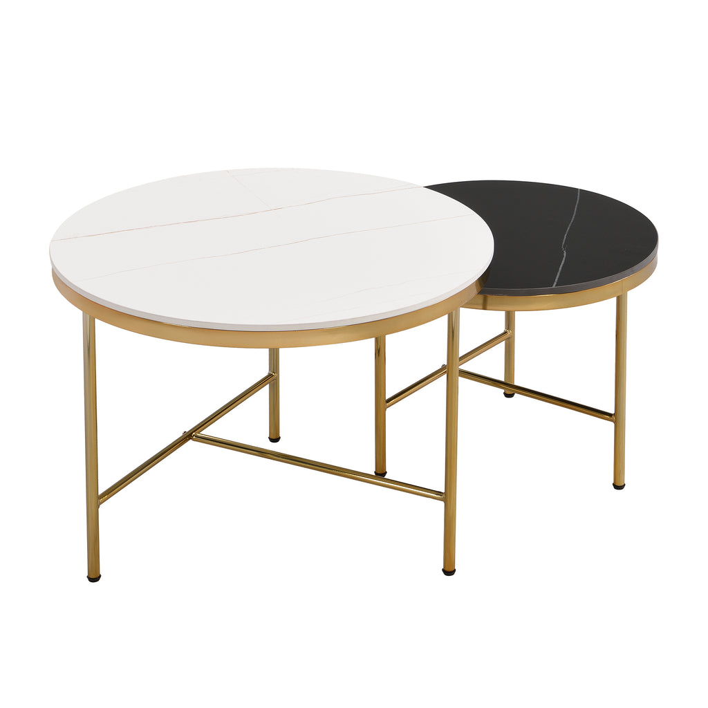 Leoglint Modern Round Nesting Coffee Table Set 2-Piece Black & White Sintered Stone Top Gold Base in 23.6''&17.7''